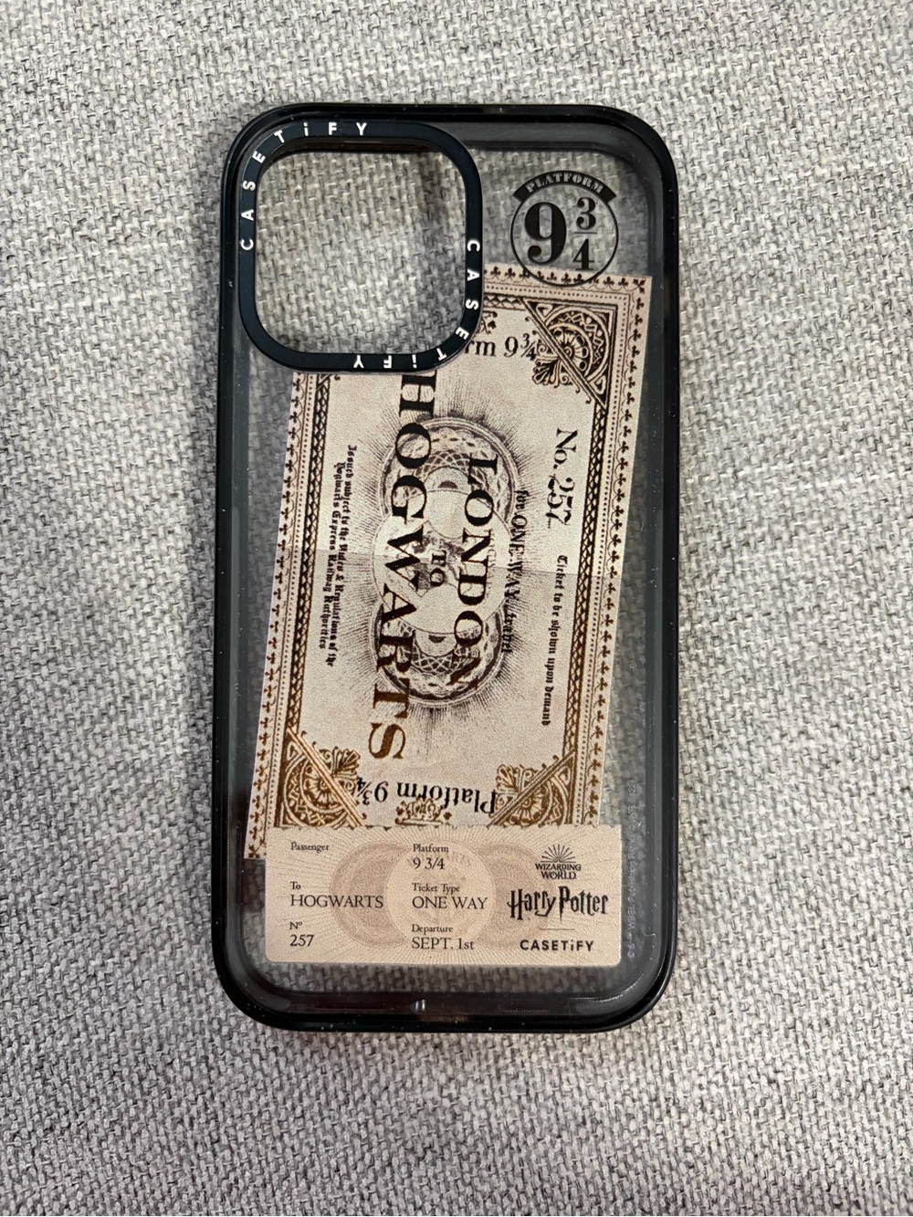 Casetify Clear Phone Case with Black Bumper and Beige Hogwarts Ticket Design